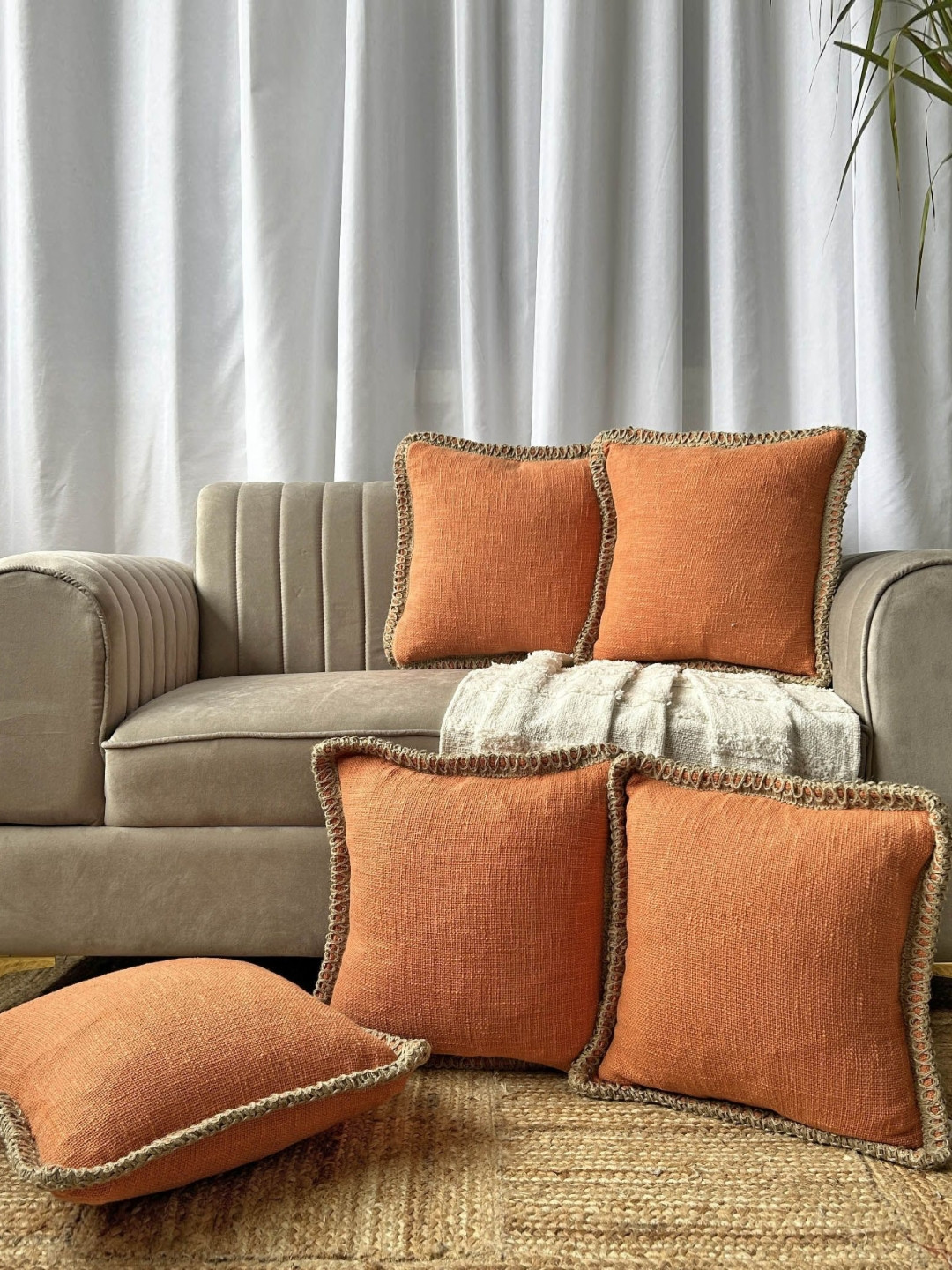 EXPORT HOUSE Rust 5 Pieces Square Cotton Cushion Covers