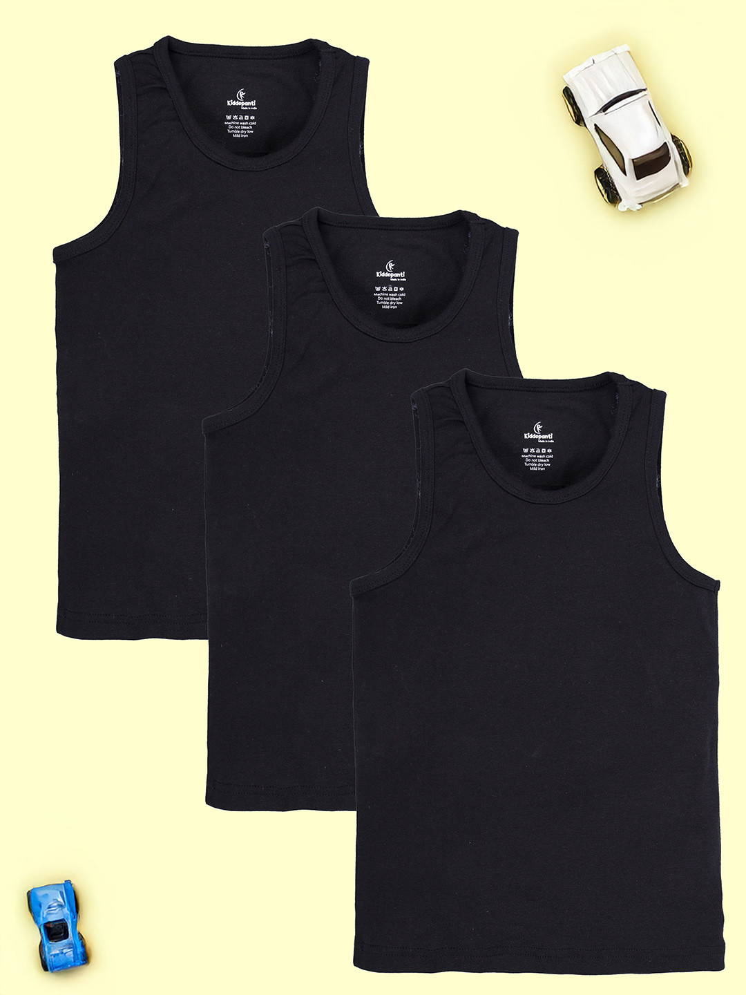 KiddoPanti Boys Pack Of 3 Pure Cotton Round Neck Basic Vests SS25BVT005-Black