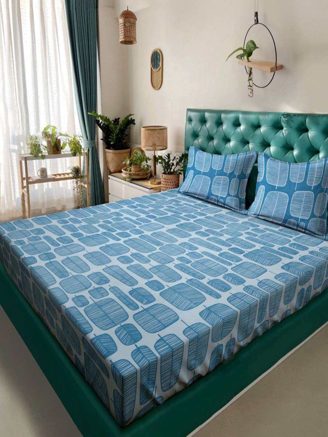 Myntra Elegant Homes Turquoise Blue Printed 300 TC King Bedsheet Set 2.50 m x 2.20m