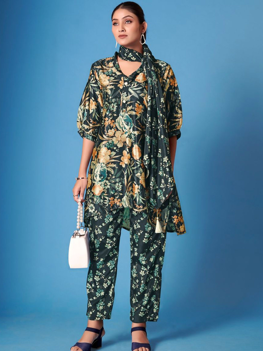 Suha Floral Printed Shawl Collar A-Line Kurti With Trouser & Dupatta