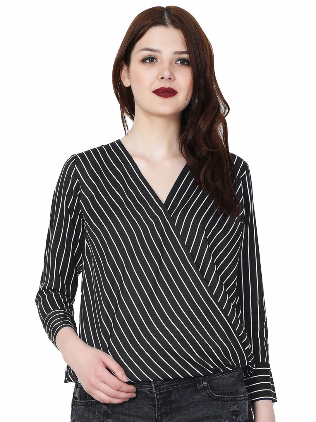MALLORY WINSTON Women V-Neck Vertical Stripes Wrap Top