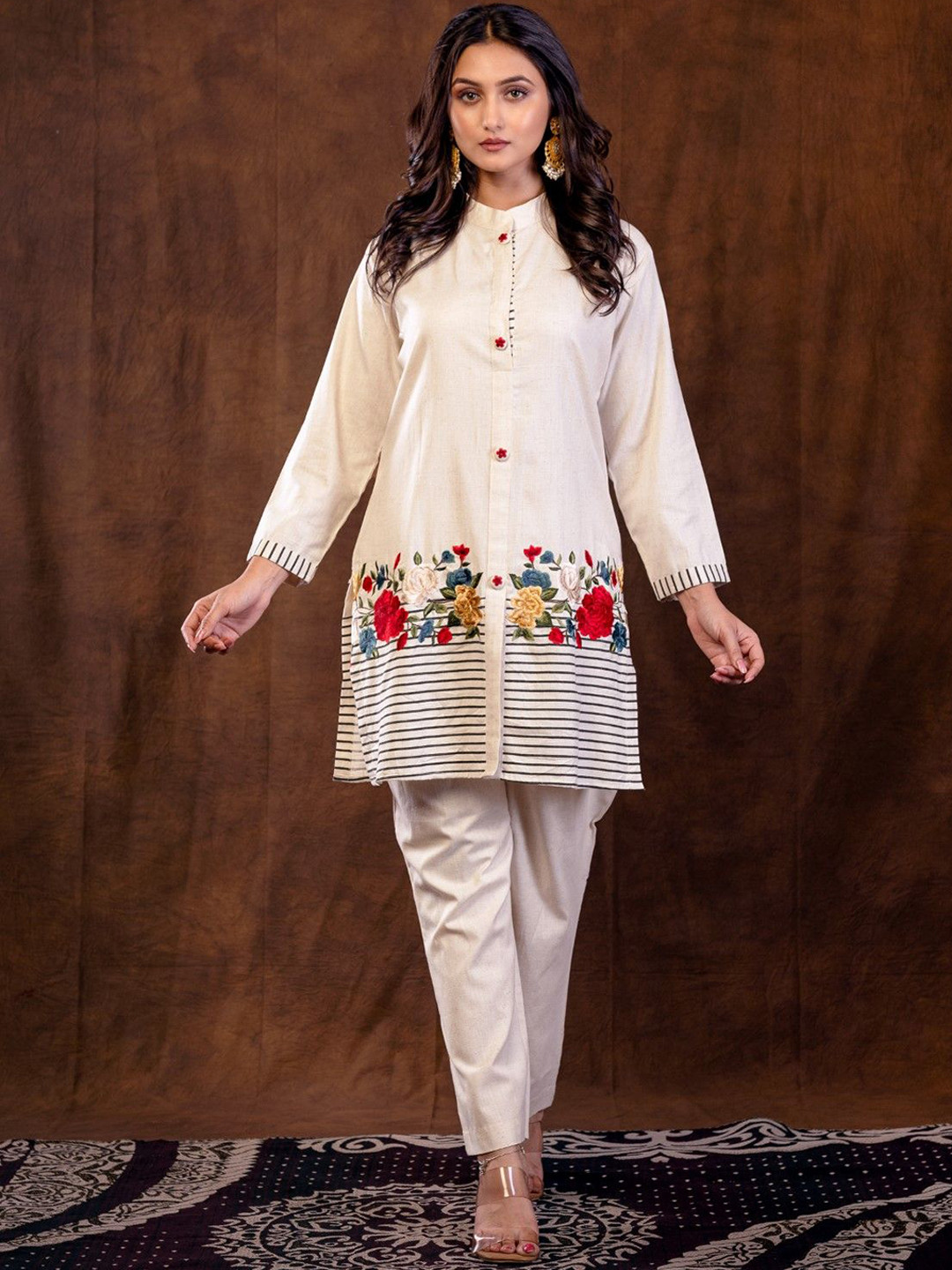 AUTUMN LANE Sabhya Frost Embroidered Cotton Top With Trousers Co-Ords