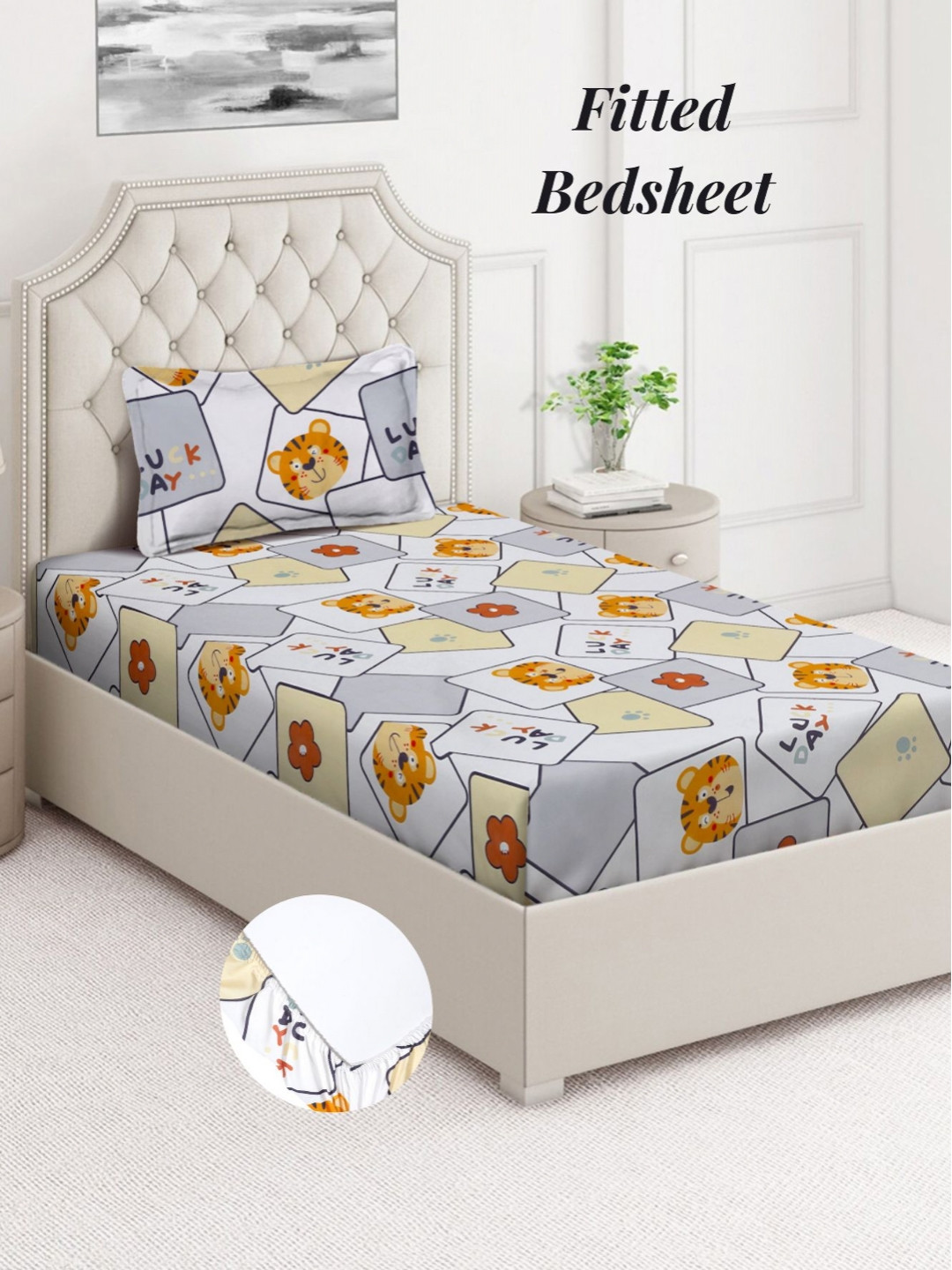 Aura White Cartoon Characters Polycotton Skin-Friendly 350 TC Fitted Single Superfine Bedsheet with a Pillow Cover-85 x 59 inches