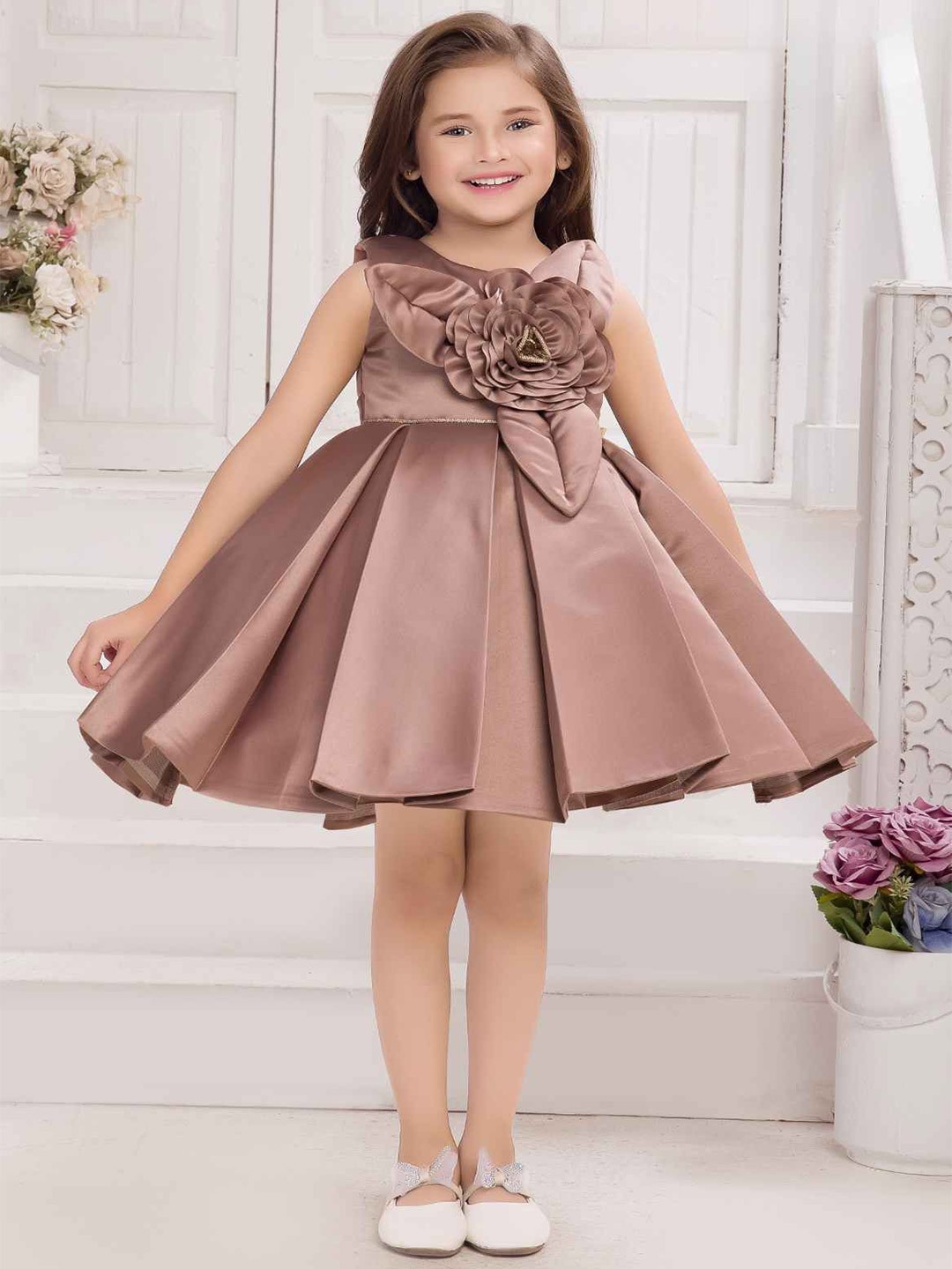 Lagorii Girls Floral Copper Embellished Party Wear Frock