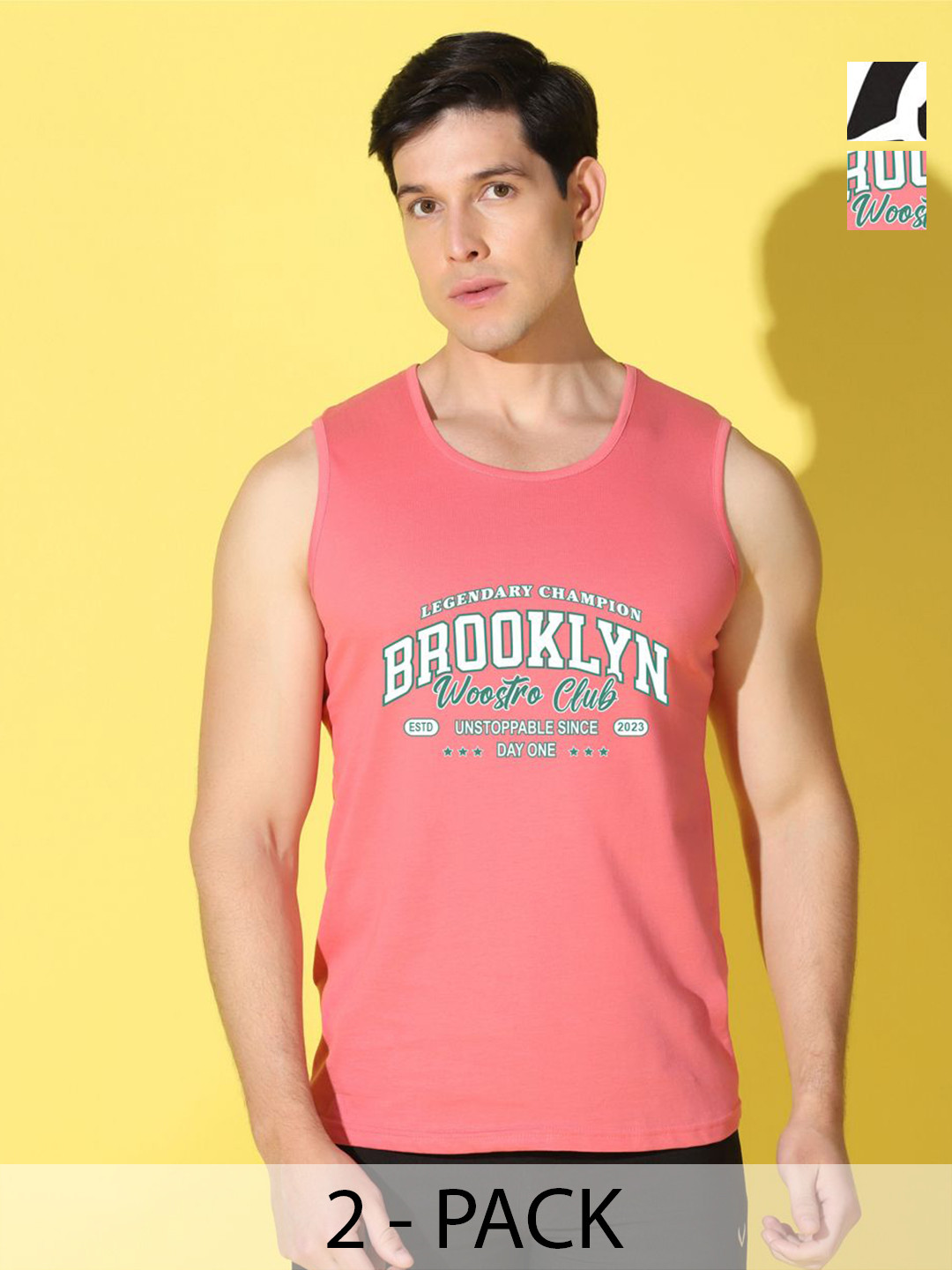 WOOSTRO Selection Of 2 Typography Printed Sleeveless Slim Fit T-shirt