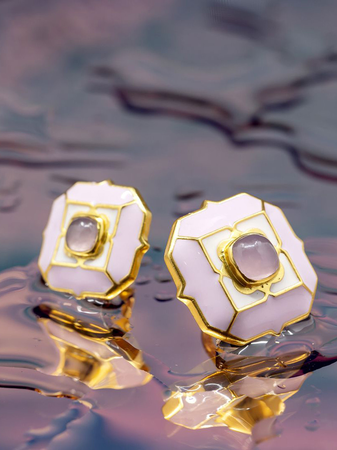 manner 92.5 Sterling Silver Gold Plated Quartz Gemstone Studded Square Studs