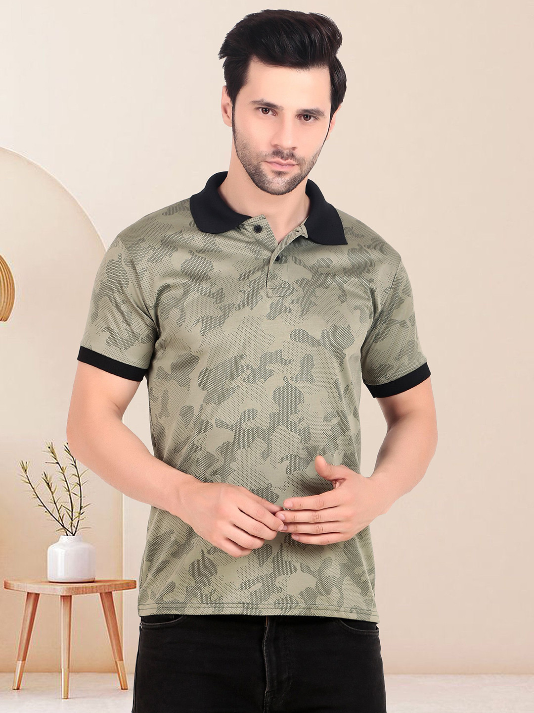 TQH Camouflage Self Design Polo Collar T-shirt