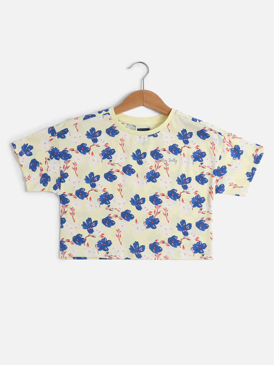 Allen Solly Junior Girls Floral Printed Drop-Shoulder Sleeves Pure Cotton Crop T-shirt