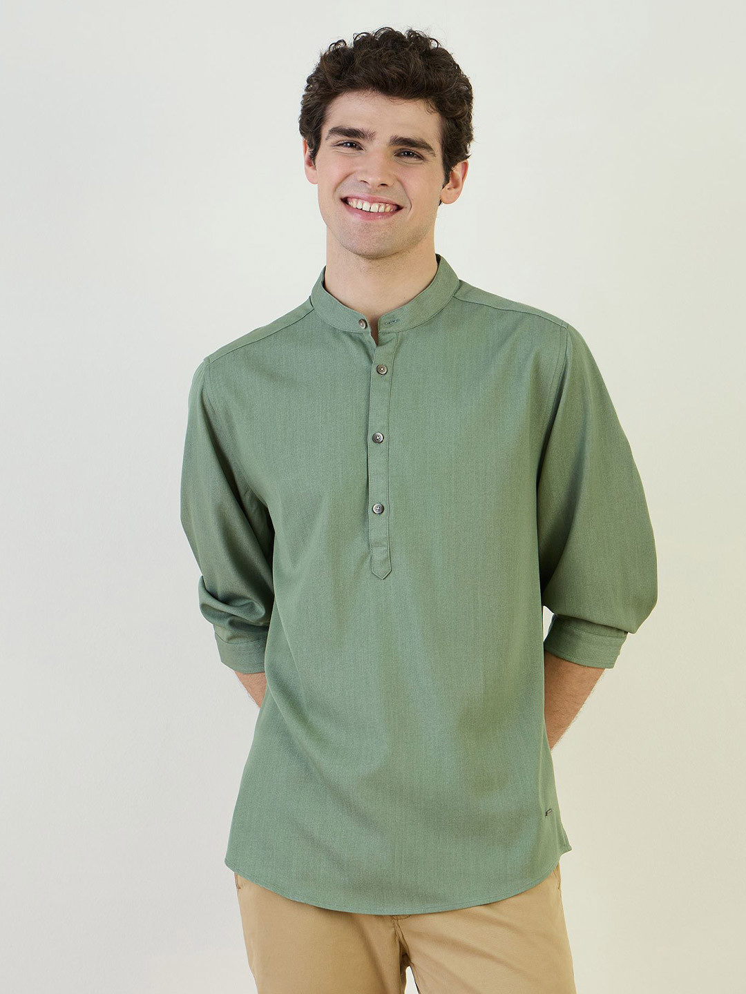 Iconic Mens Solid Band Collar Regular Fit Fancy Button Kurta Shirt