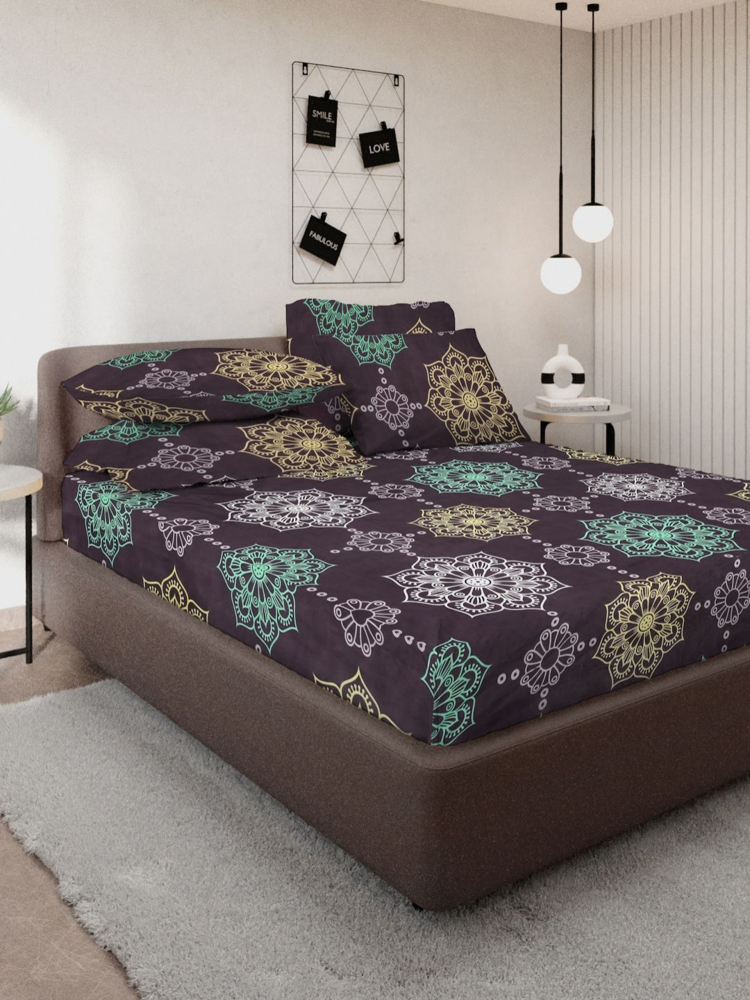Myntra Elegant Homes Black Ethnic Motifs Cotton 300 TC King Fine Bedsheet with 4 Pillow Covers-98 x 87 inches