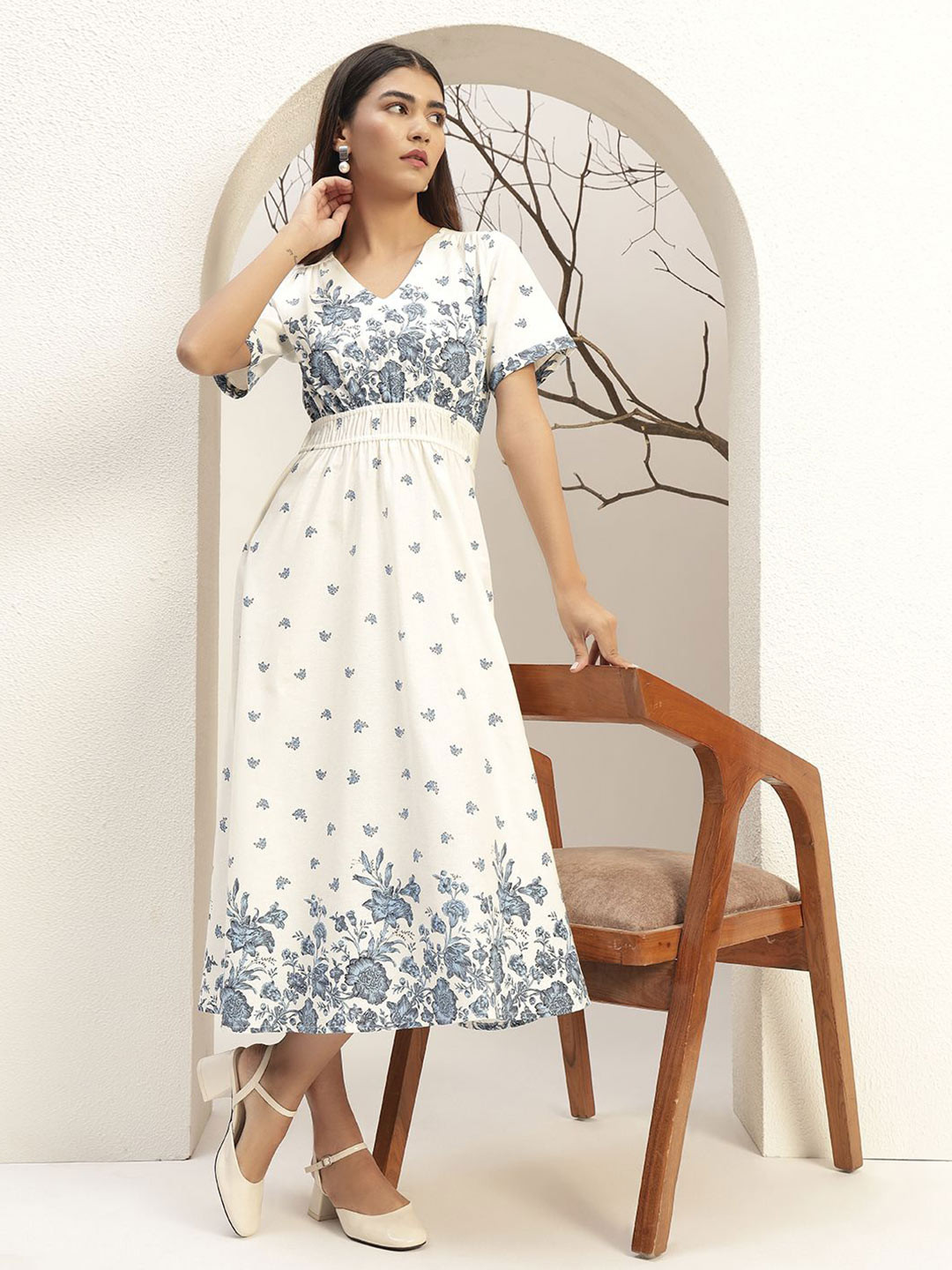 Bani Women Blue Color Floral Printed Fit & Flare Midi Length Dress