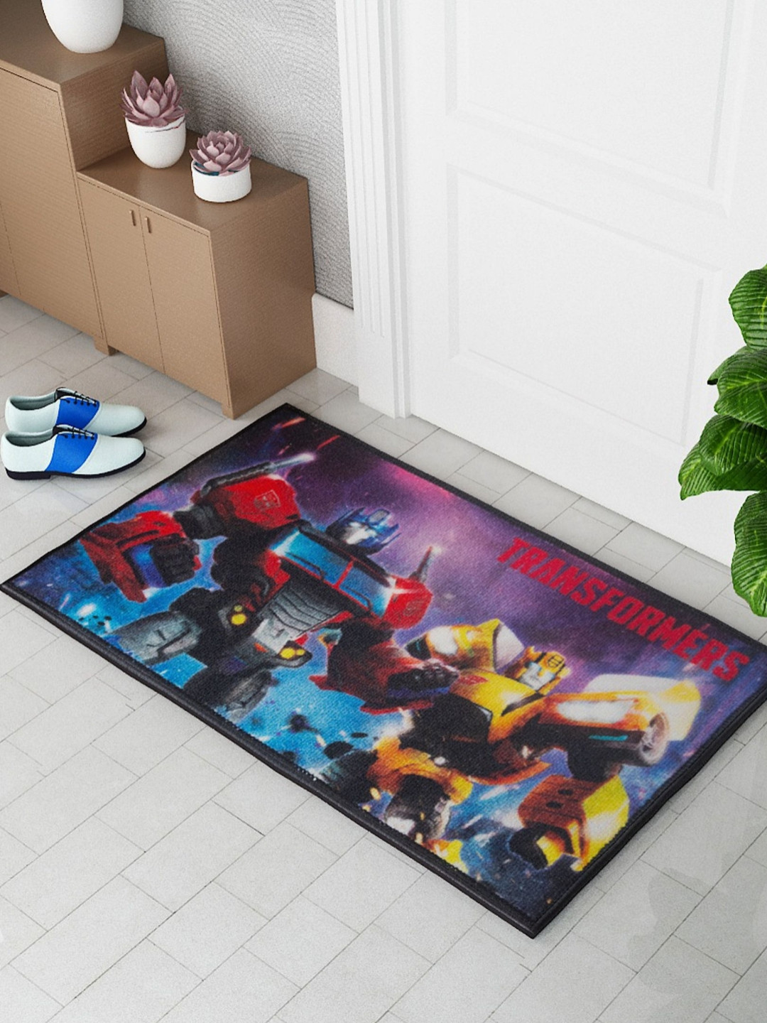 Athom Living Blue & Black Transformer Characters Printed Anti-Skid Doormats