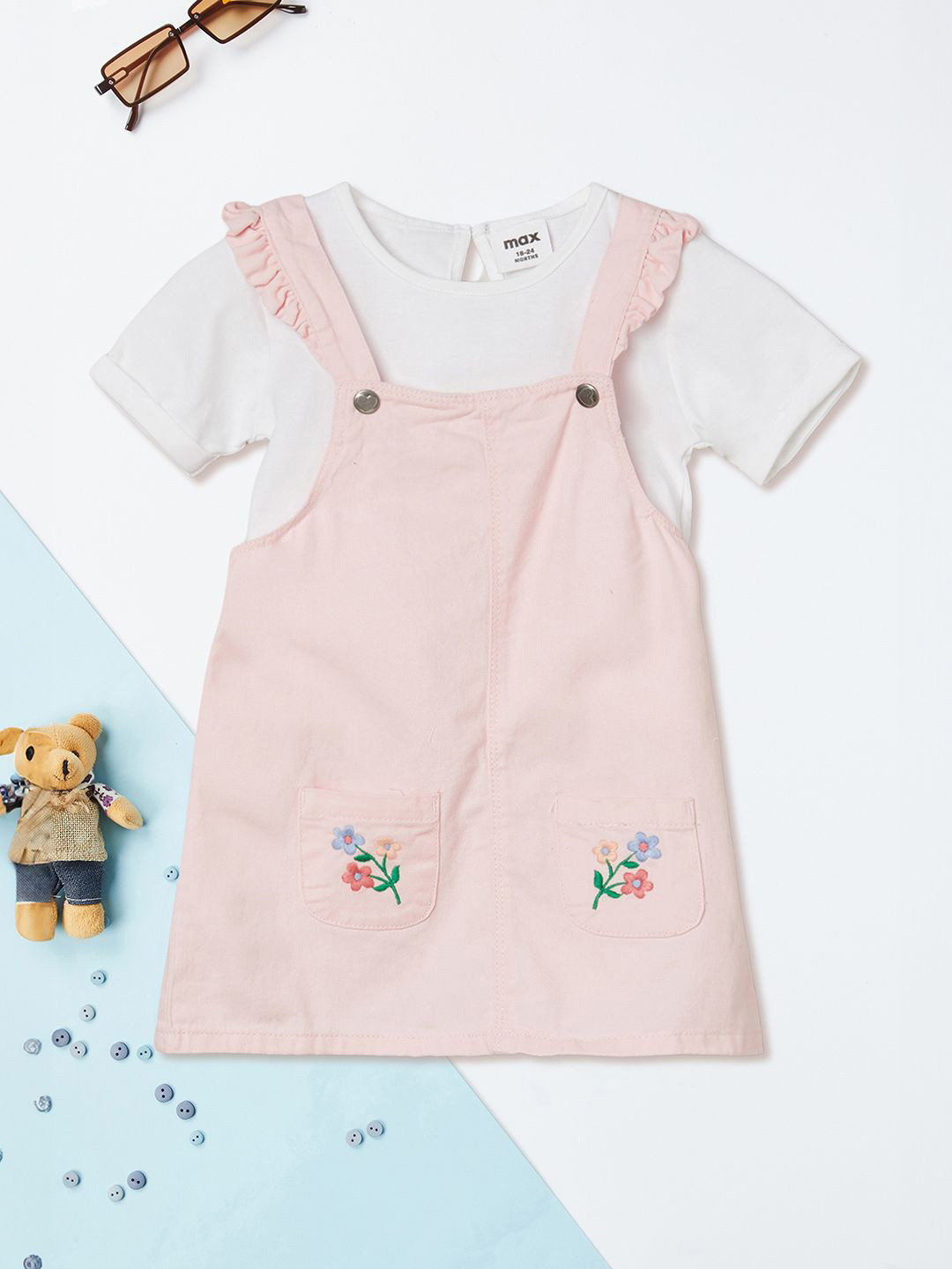 max Girls Floral Printed Cotton Pinafore Dress With Top