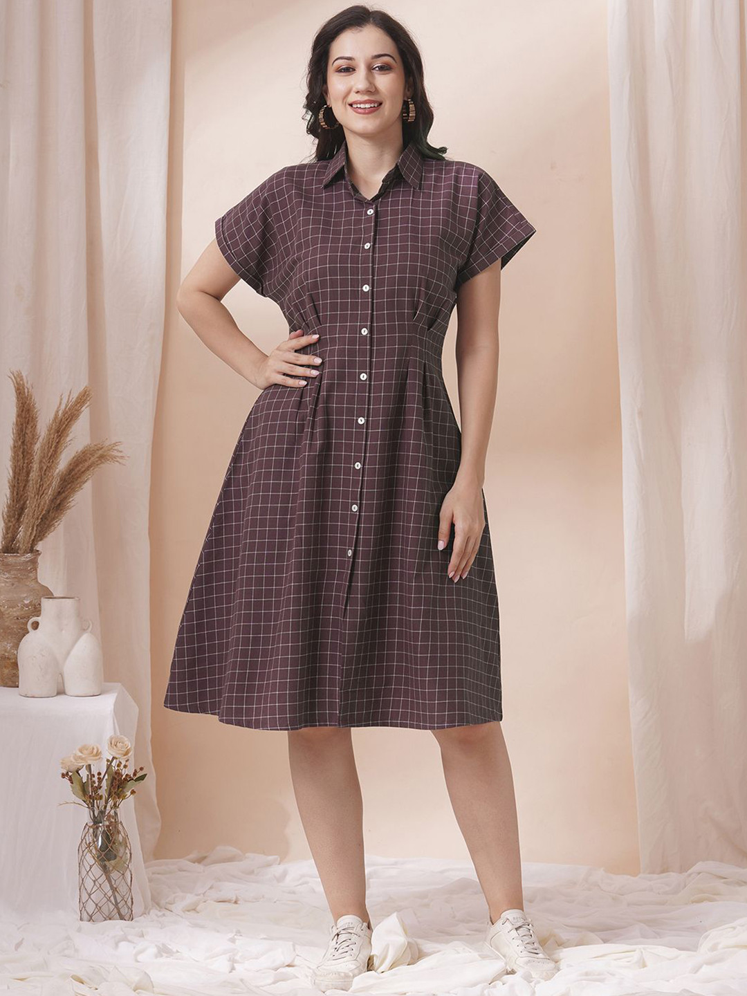 KAMI KUBI Women Checked Shirt Collar Cotton Fit & Flare Dress