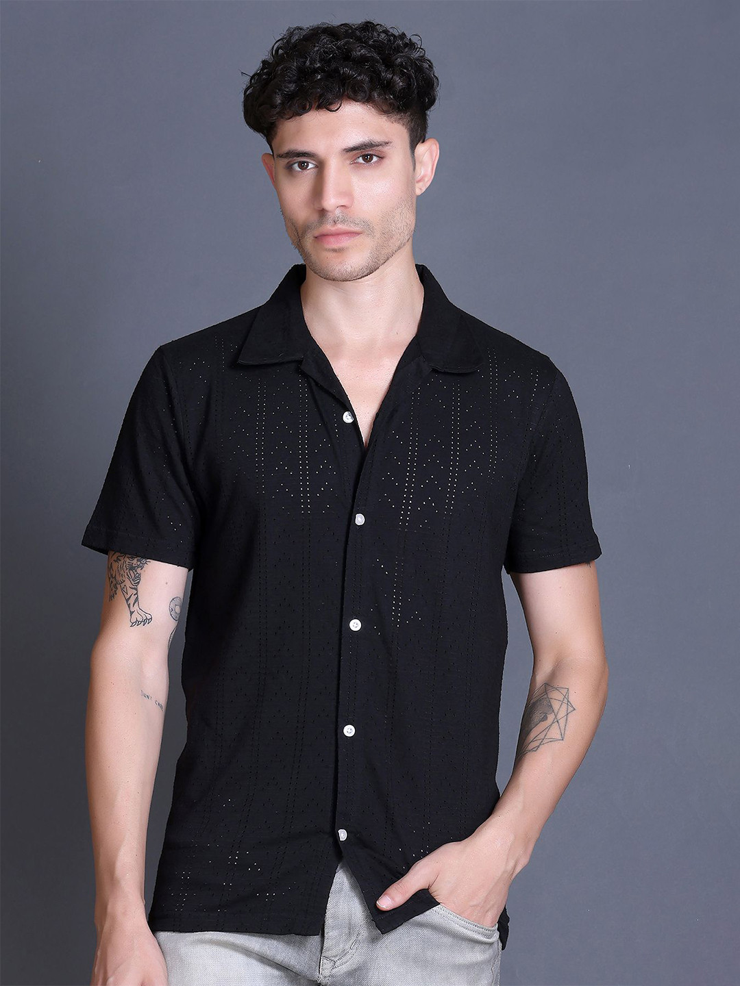 GODFREY Standard Self Design Cuban Collar Pure Cotton Shirt