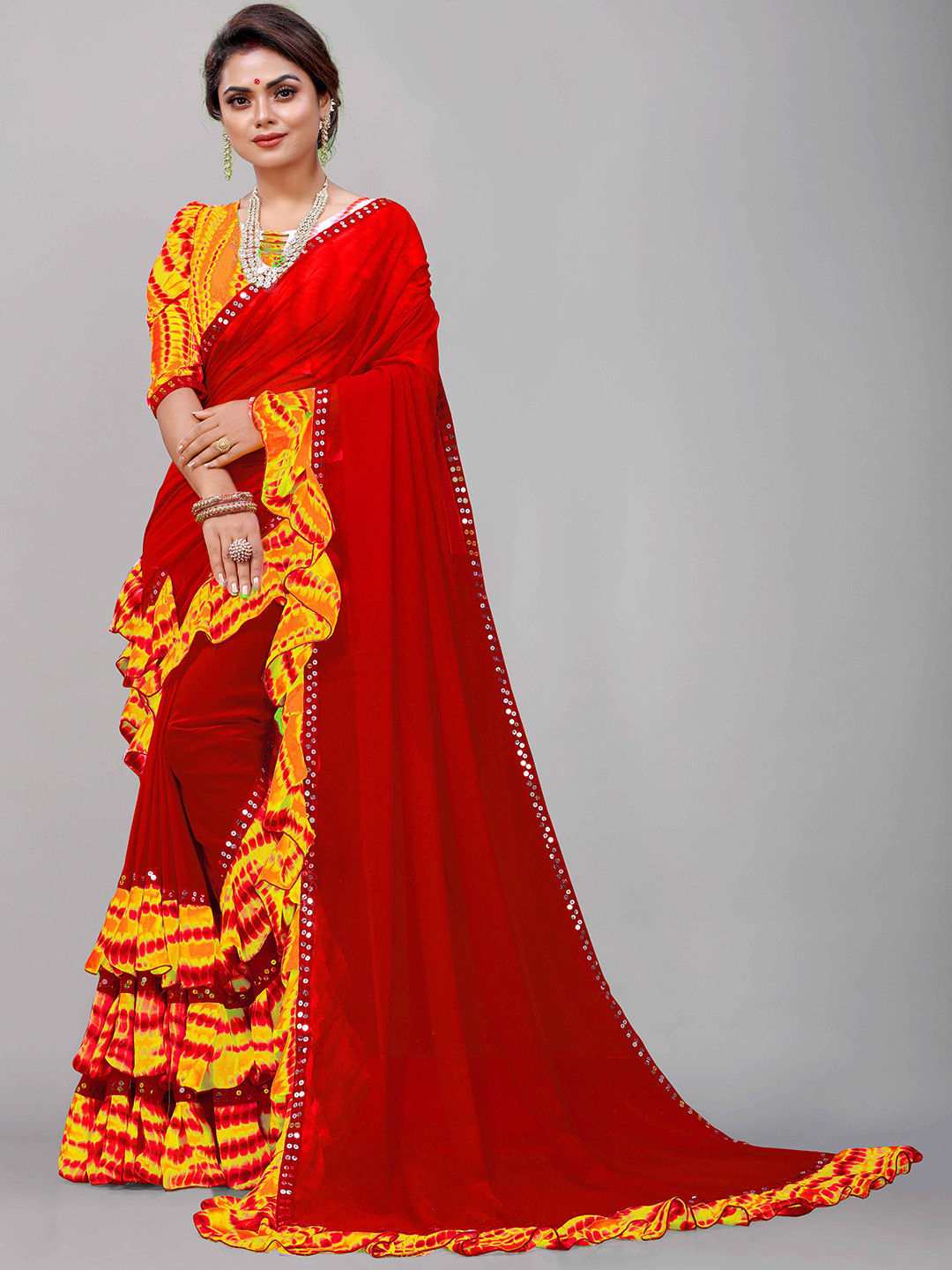 limtd Sequinned Ruffles Pure Georgette Block Print Saree