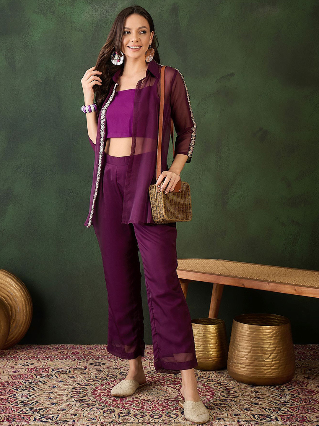 Sangria Embroidered Shrug Top & Trousers Co-Ords
