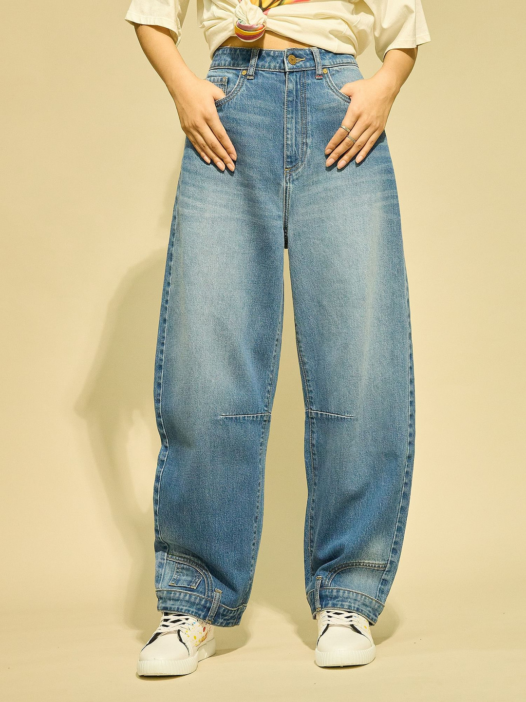 Flying Machine K-Street X Upside Down Women Barrel Fit Heavy Fade Stretchable Jeans