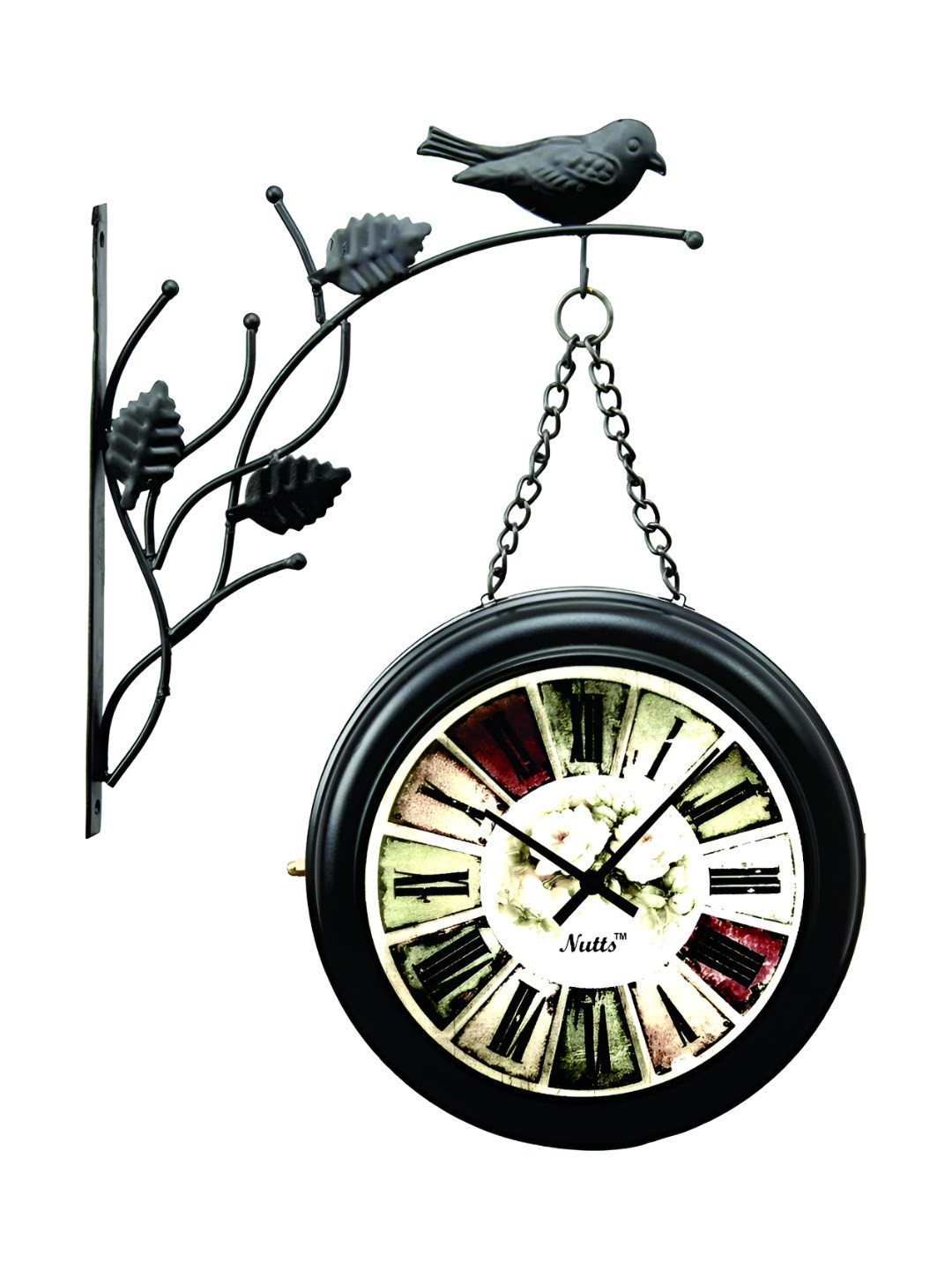 Nutts Black & Brown Chain Bird Double Sided Analogue Vintage Wall Clock
