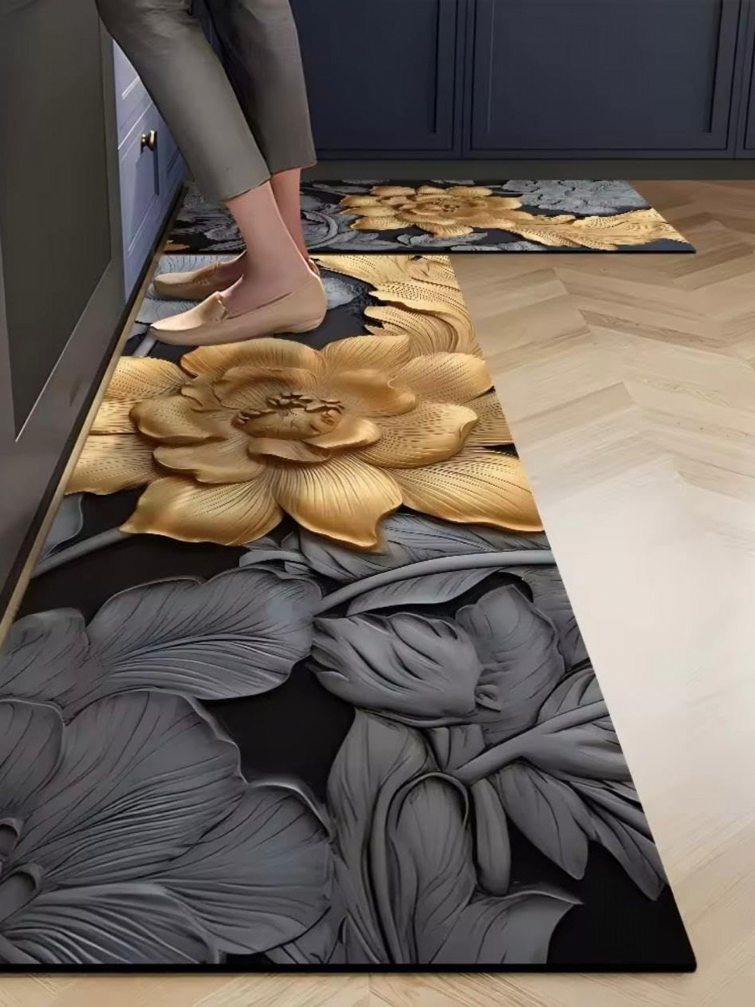 Deoxys 2-Pcs Black & Green Printed Non Sloip Kitchen Mats