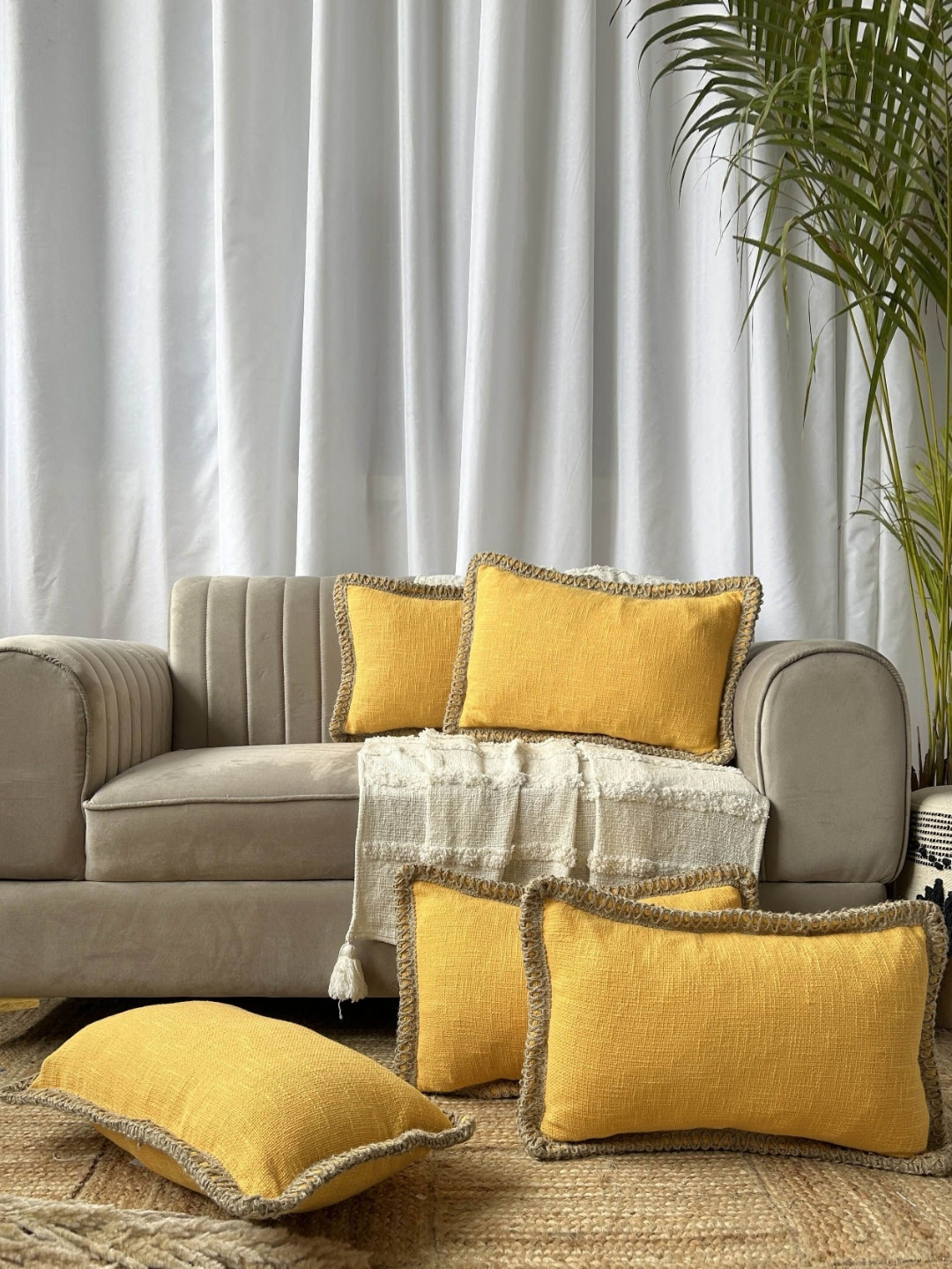 EXPORT HOUSE Mustard Polyester Silk Washable 5 Pcs Textured Cushion Covers -12x20In