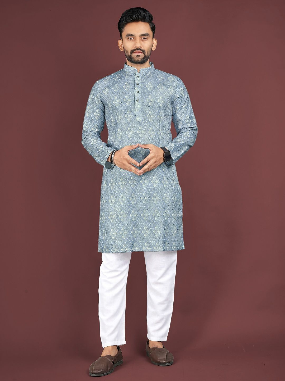 Leipzig Fashion Men Geometric Printed Festive Cotton Straight Kurtas