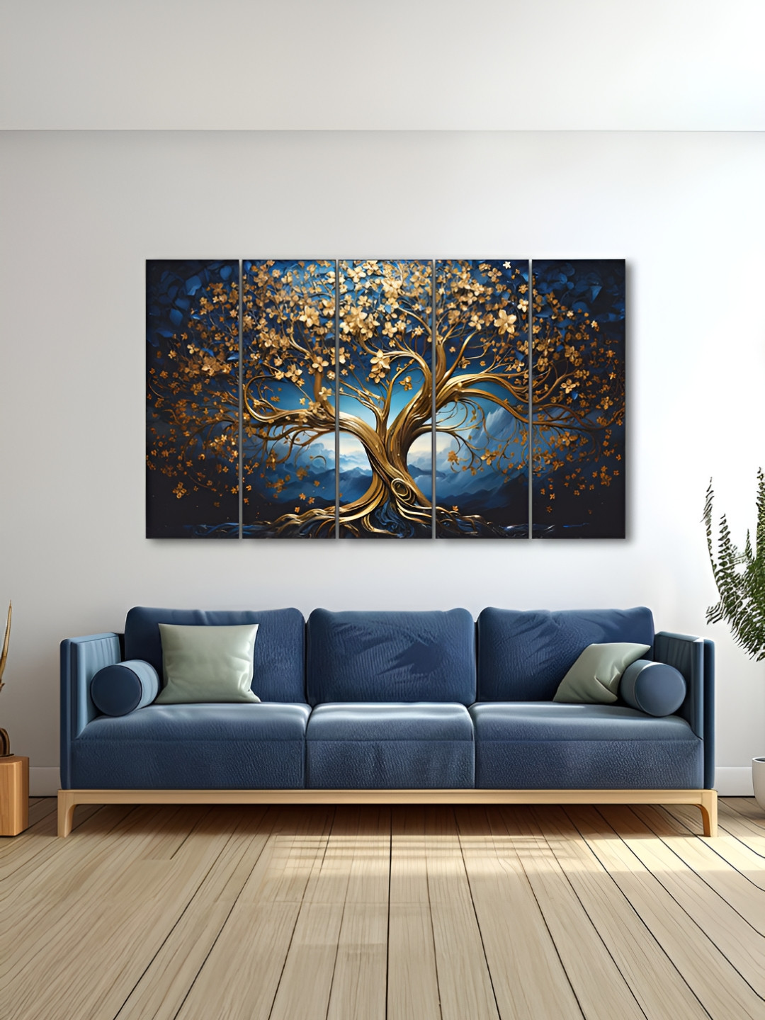 The Castle Decor Navy Blue & Mustard 1 Piece Wood Floral and Botanical Wall Paintings