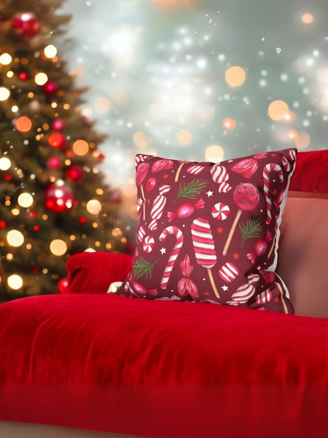 LUSHLYF Sweet Treats Red & White Printed Velvet Square Cushion Covers