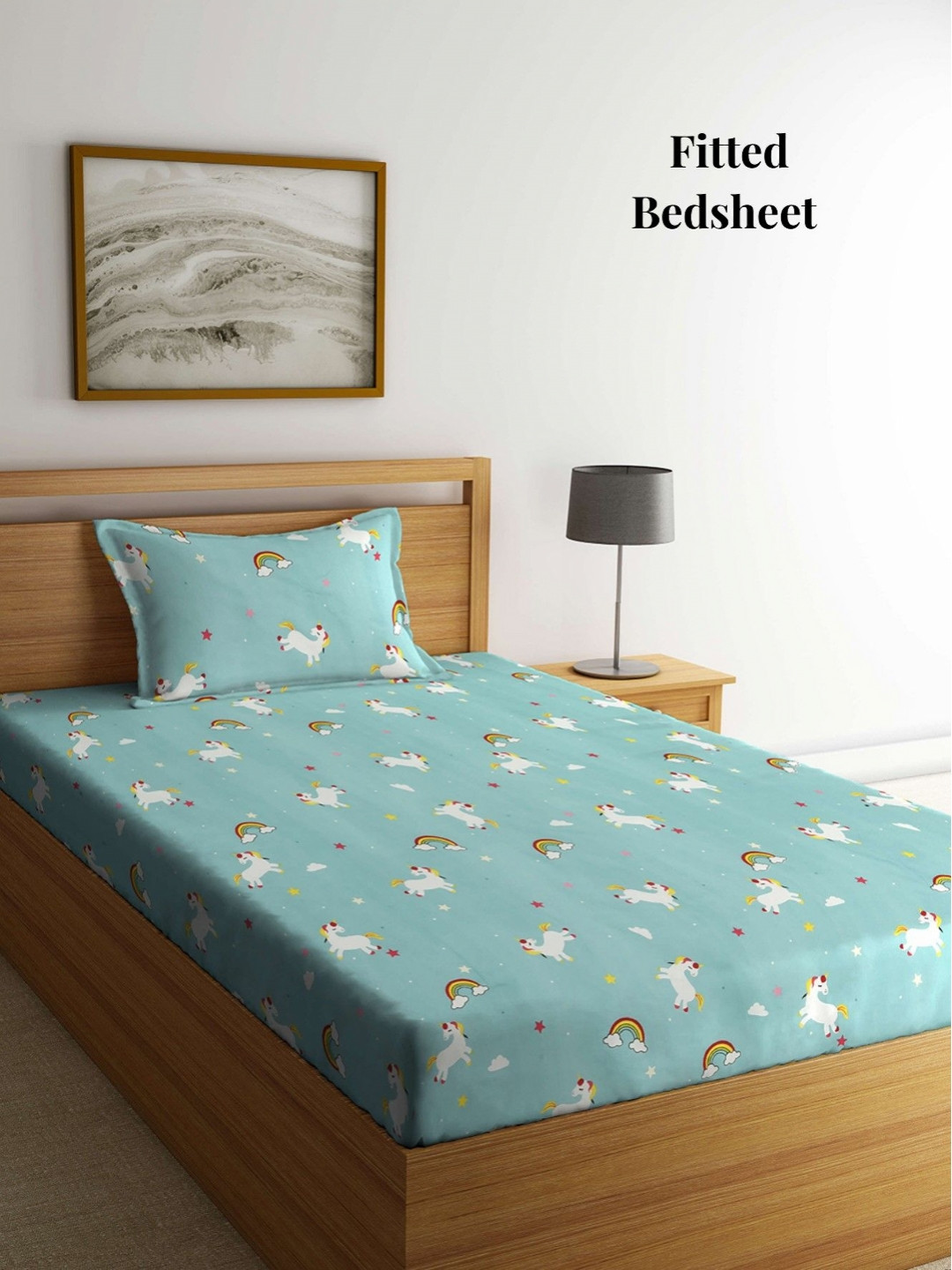 Aura White Cartoon Characters Polycotton Skin-Friendly 350 TC Fitted Single Superfine Bedsheet with a Pillow Cover-85 x 59 inches