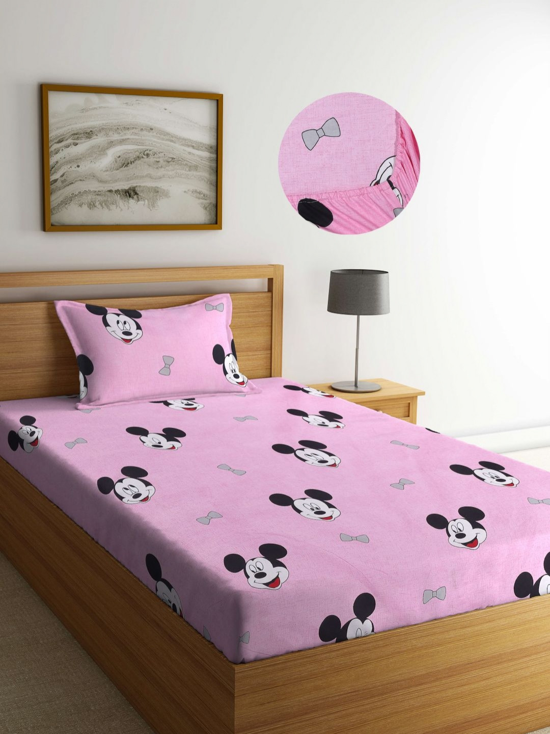 Aura Pink Cartoon Characters Polycotton 350 TC Fitted Single Superfine Bedsheet with a Pillow Cover-85 x 59 inches