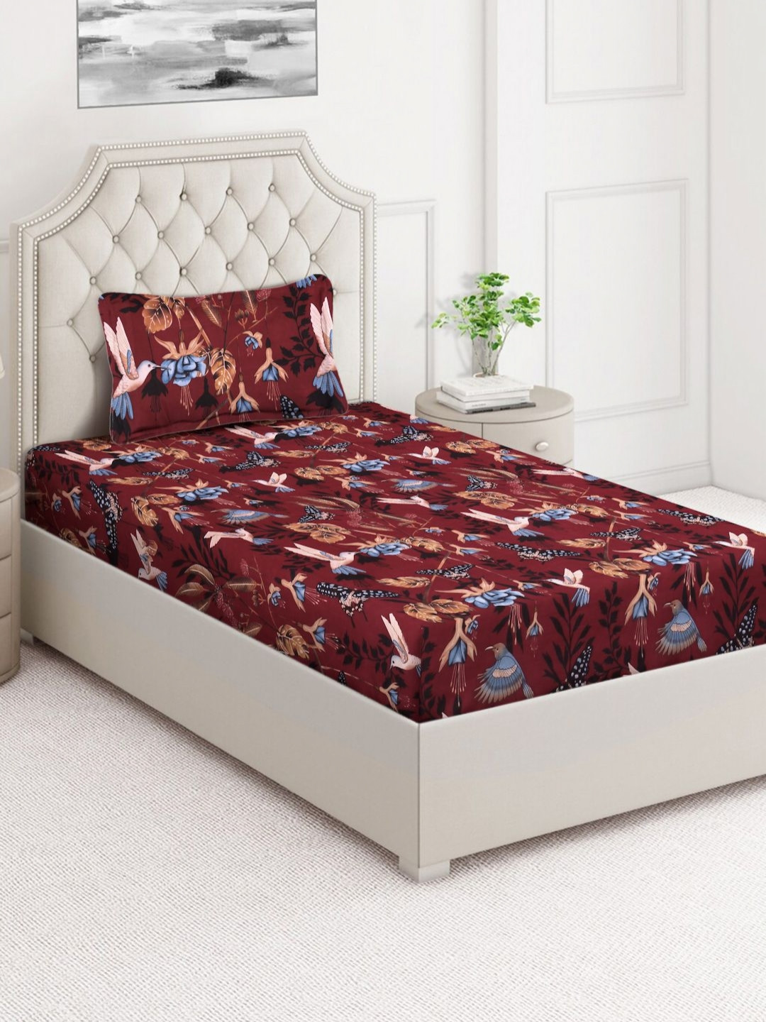 Arrabi Regal Maroon Floral Cotton Skin-Friendly 350 TC Single Superfine Bedsheet with a Pillow Cover-85 x 59 inches