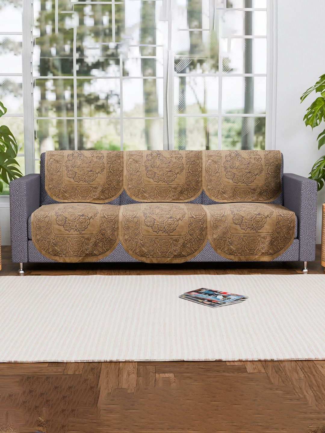 Myntra Elegant Homes Biege Self Design 3 Seater Cotton Sofa Cover