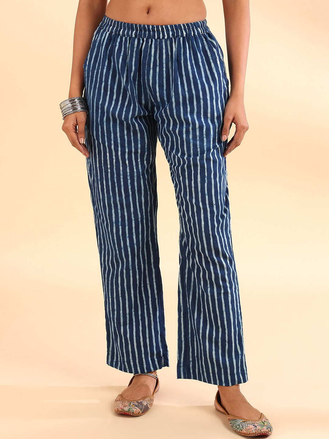 Tahiliya Indigo Blue Striped Daboo Printed Farsi Pants