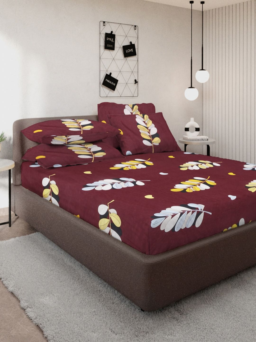 Myntra Elegant Homes Juniper Flint Brown Leaf Cotton 300 TC King Fine Bedsheet with 4 Pillow Covers-250 x 220 cm