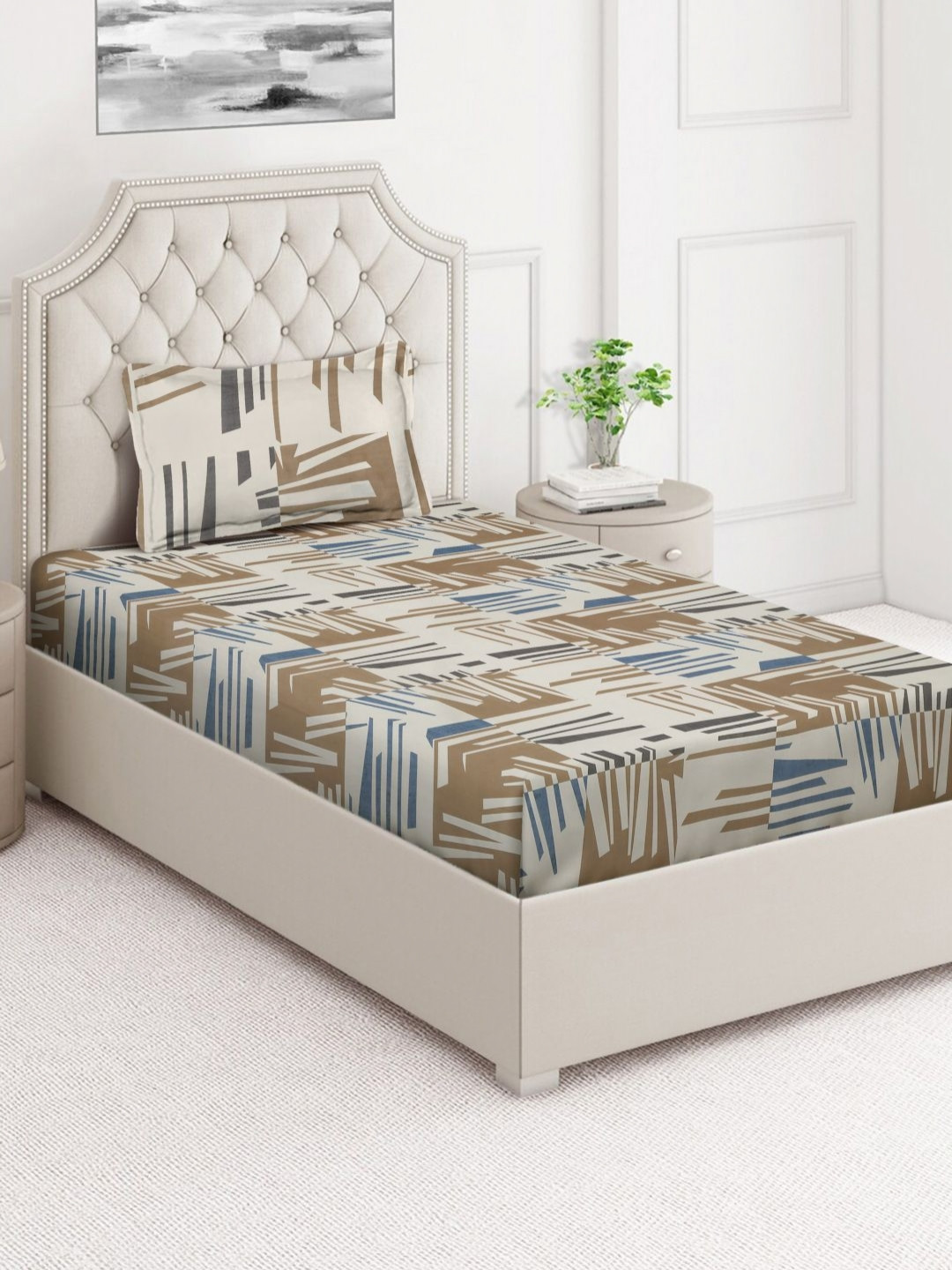 Arrabi Brown Abstract Polycotton Skin-Friendly 350 TC Single Superfine Bedsheet with a Pillow Cover-85 x 59 inches