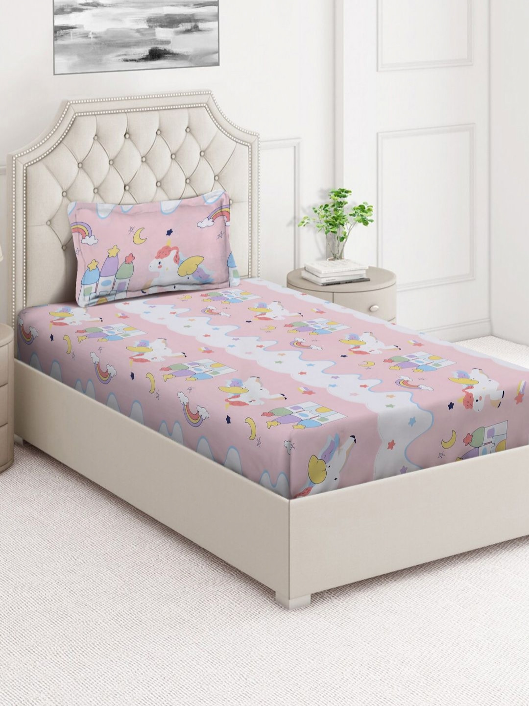 Arrabi Pink Cartoon Characters Polycotton Skin-Friendly 350 TC Single Superfine Bedsheet with a Pillow Cover-85 x 59 inches