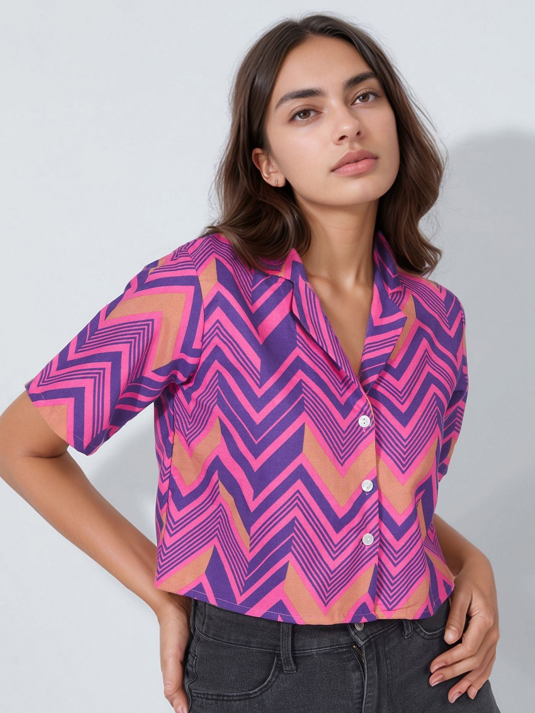 all about you Women Chevron Printed Crop Casual Linen Shirt With Collared Detail