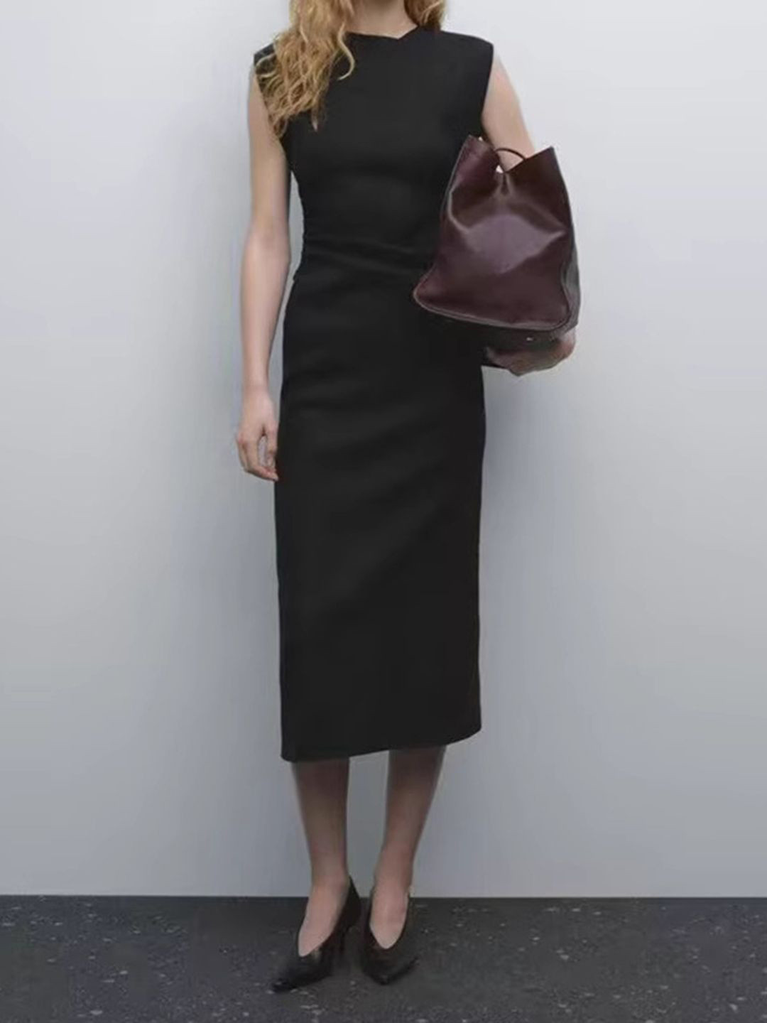 bebe Black Sleeveless Back Slit Midi Sheath Dress