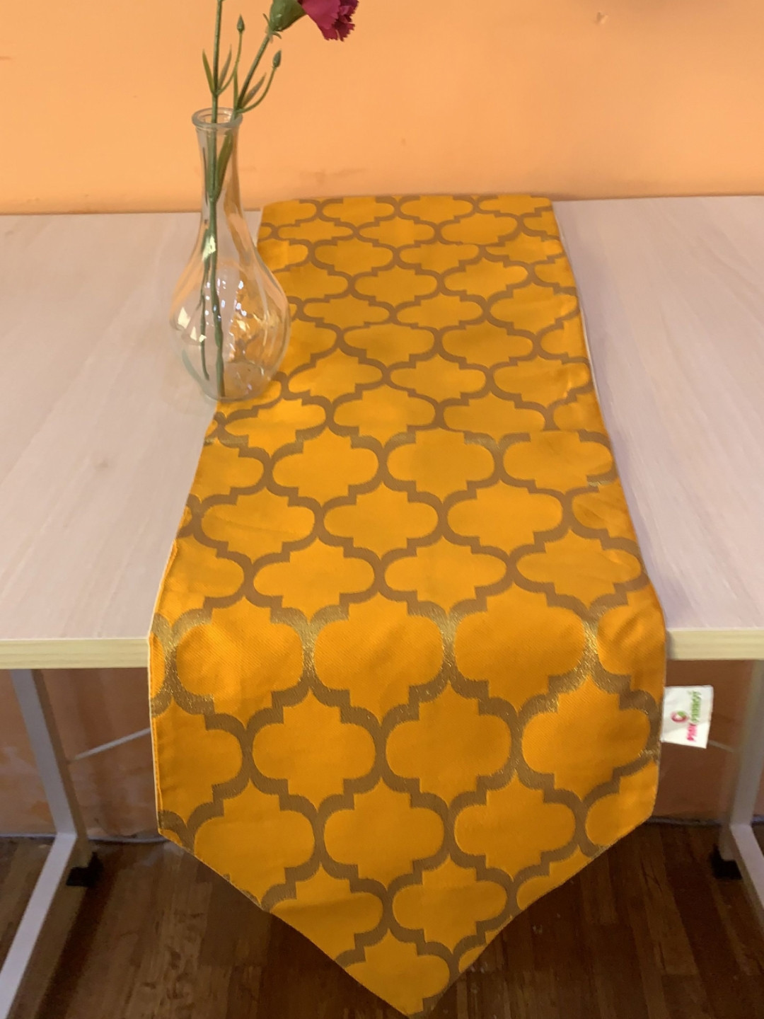 Pink Parrot Mustard-Yellow Printed Jacquard Silk Table Runner With Tassels