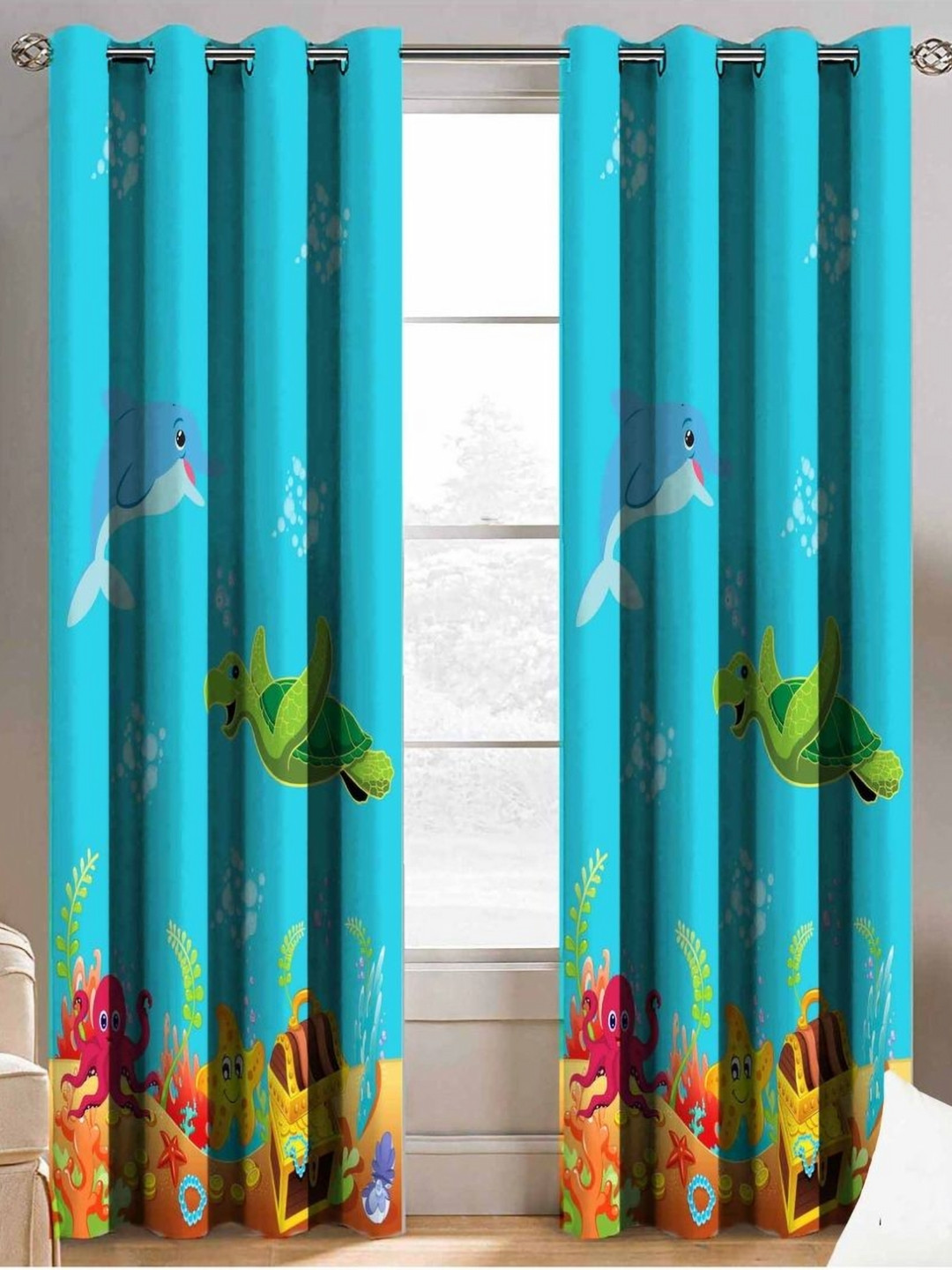 Aura 2 Pieces Blue & Maroon Sea Cartoon Printed Door Curtains