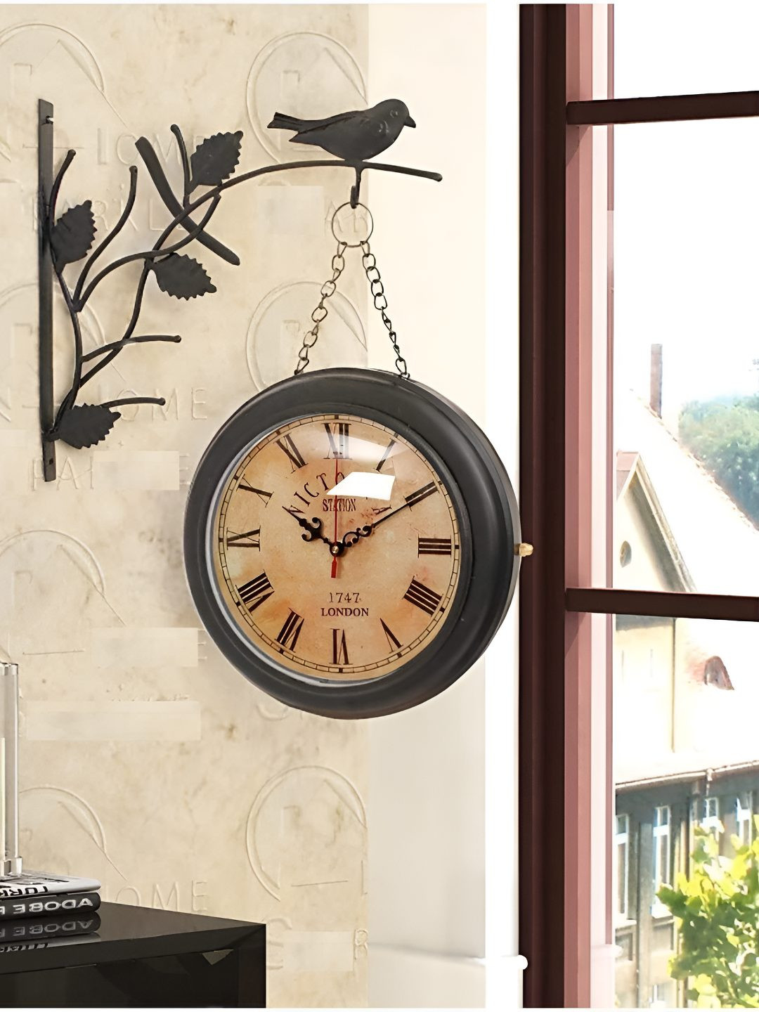 Nutts Black & Beige Chain Bird Double Sided Analogue Vintage Wall Clock