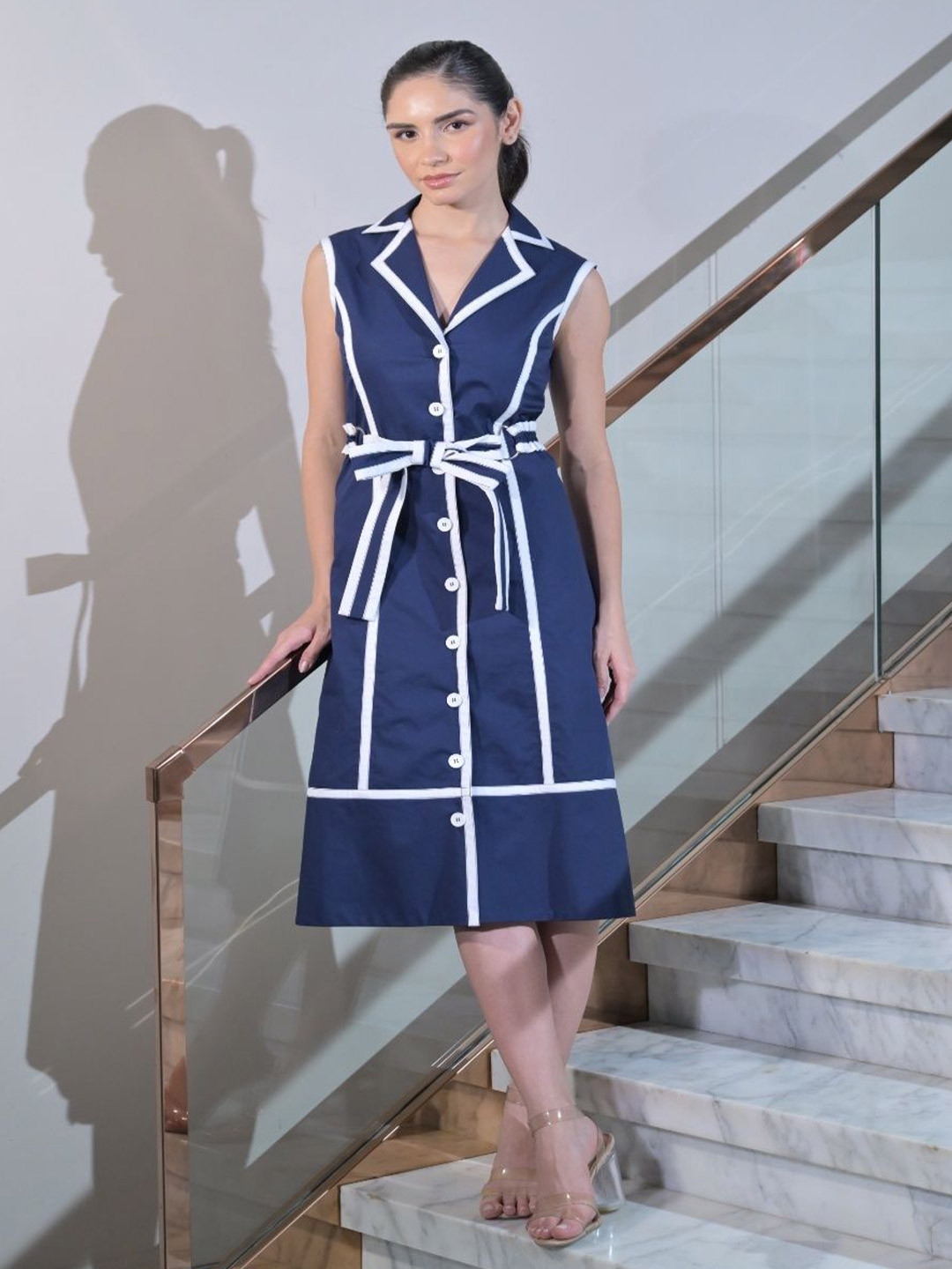 OMBRELLO Women Stripped Shirt Asymmetric Neck Cotton Midi Dress