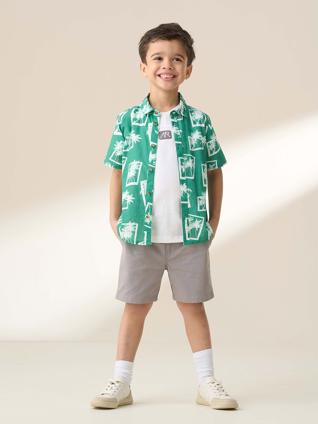 Angel & Rocket Boys Palm Printed Spread Collar Cotton Casual Shirt