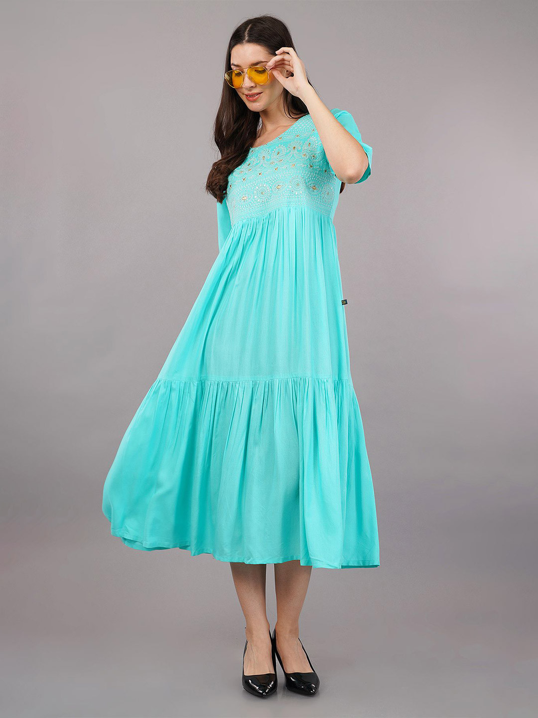 Shruthi Womnen Embellished Embroidered Liva Fit & Flare Maxi Dress