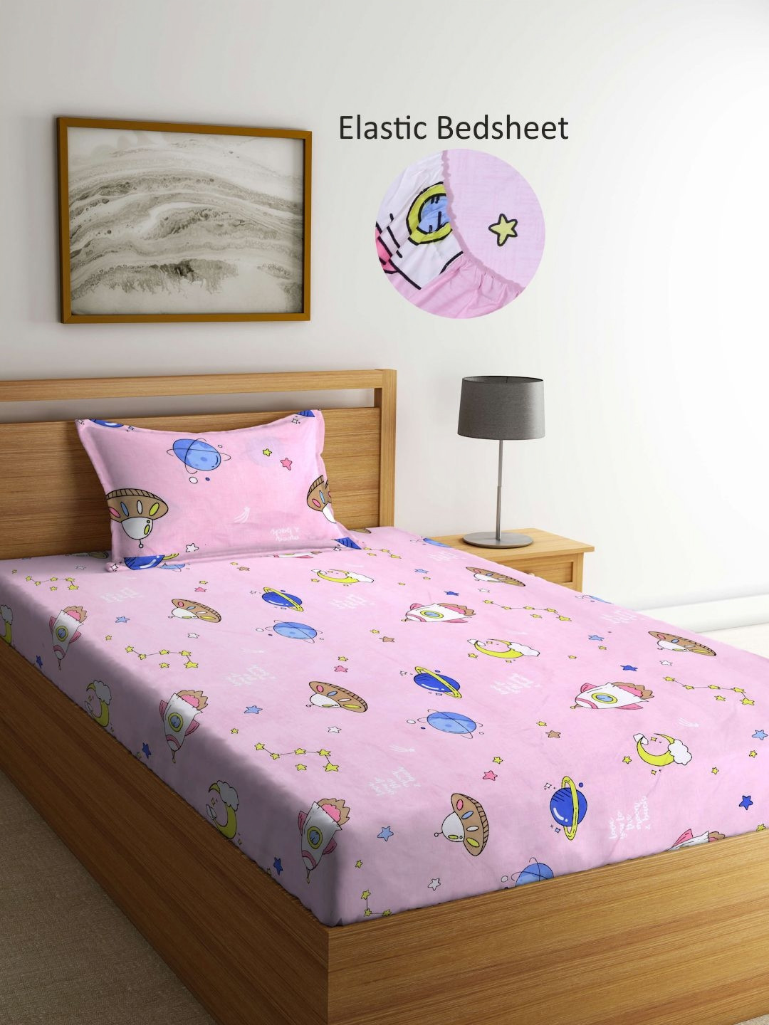 Aura Royal Passion Pink Conversational Cotton Skin-Friendly 350 TC Fitted Single Superfine Bedsheet with a Pillow Cover-85 x 59 inches