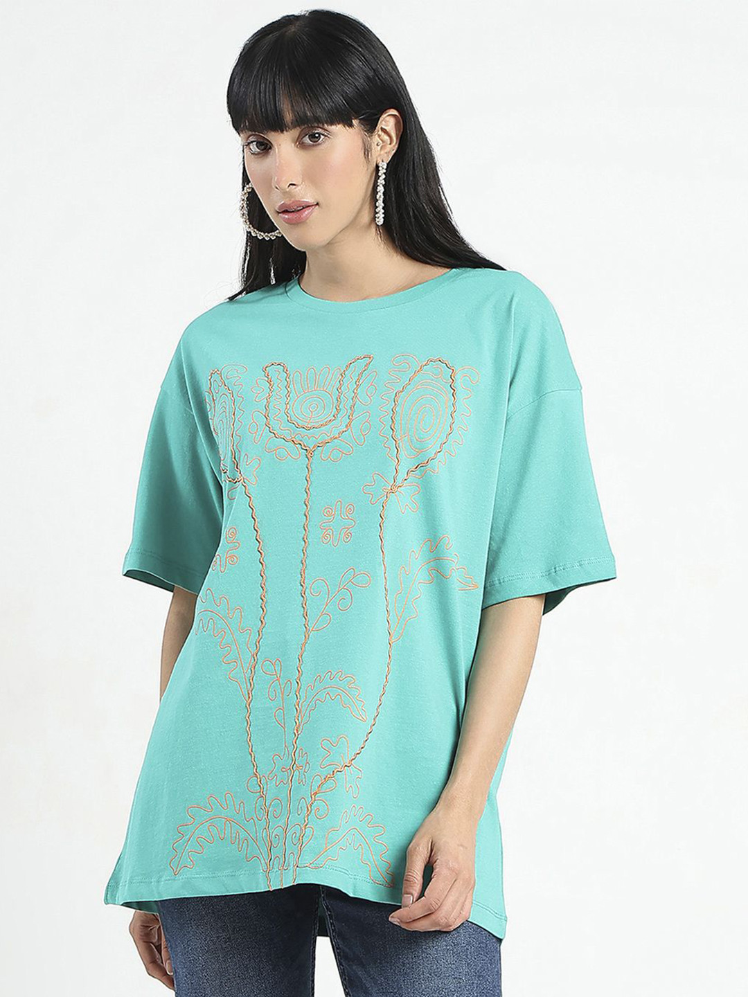 Madame Women 1 Embellished Print Cotton Longline Top