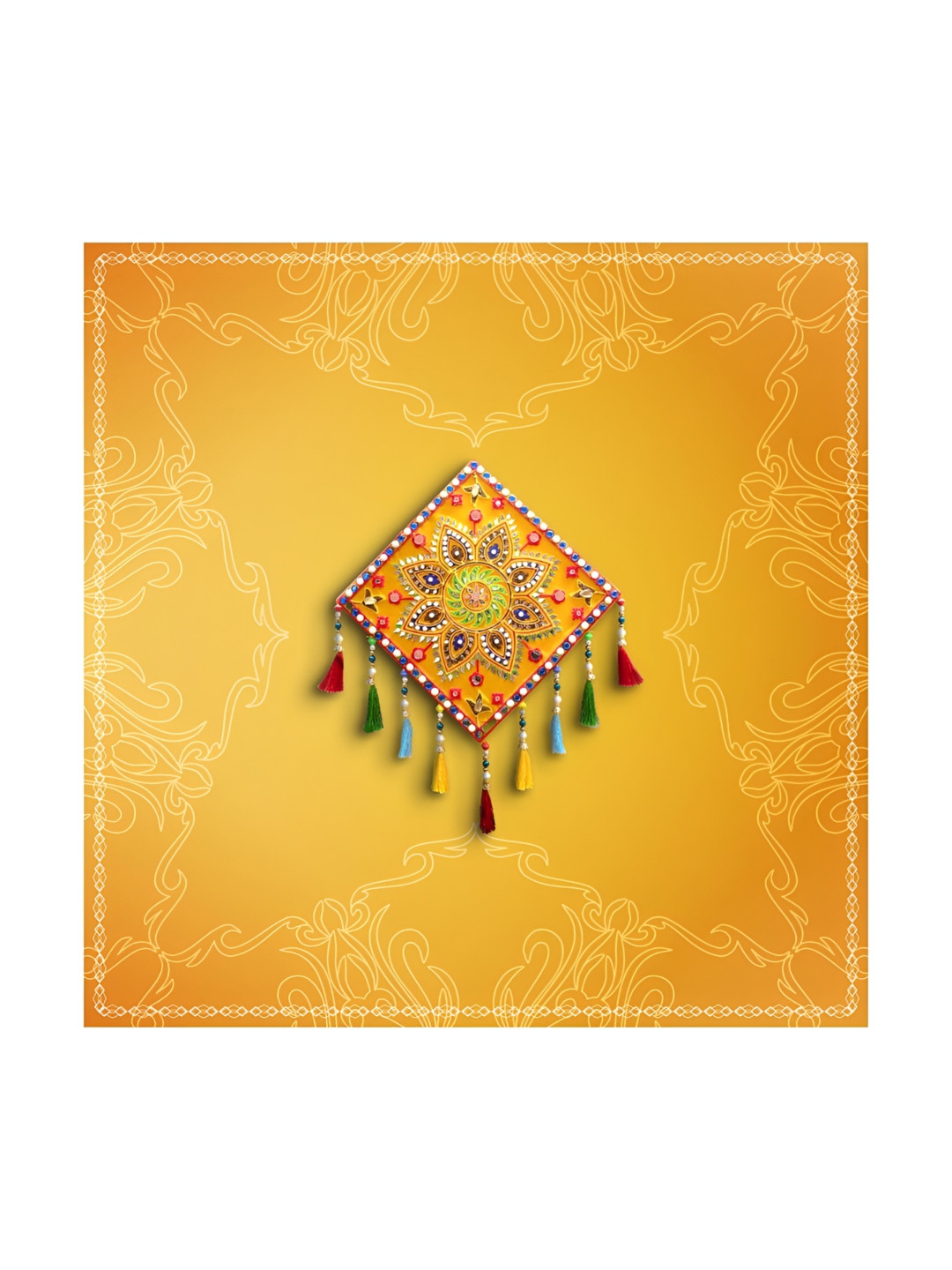 AURESSA Gujrati Flower Patch Wood Tasselled Matte Hall Wall Hangings-11In