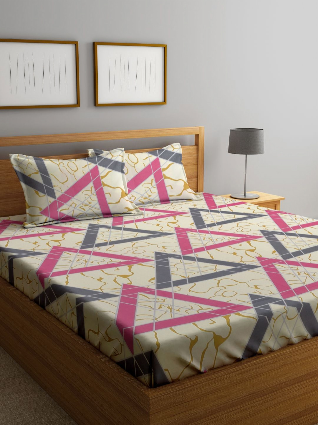 Myntra Elegant Homes Flat_King_Dbs White Geometric Cotton 300 TC King Fine Bedsheet with 2 Pillow Covers-250 x 220 cm