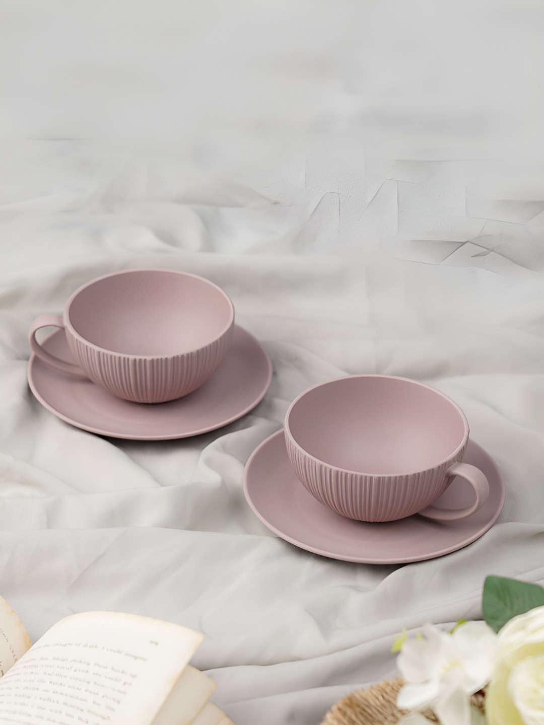 Vola Global LLP Mauve Textured Porcelain Microwave Safe 2 Piece Cups with 2 Saucers-230ml