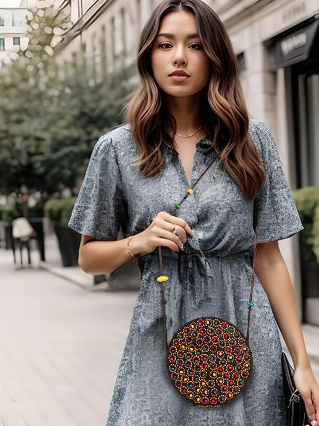 LADY QUINTON Geometric Self Design Structured Embroidered Sling Bag
